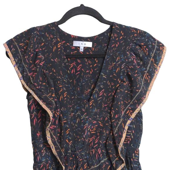 IRO Womens Jicka A Line Dress Black Abstract Mini V Neck Cap Sleeve 100% Silk 36 - Picture 2 of 9